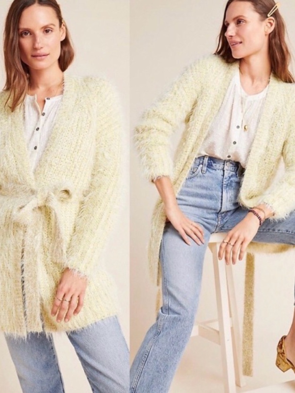 Anthropologie Larkin yellow shimmer long line cardigan sweater size XL